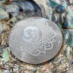 Selenite Ohm Etched Palm Stones