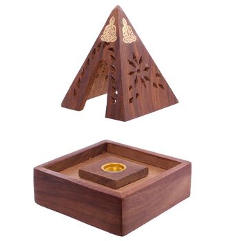 Wood Pyramid Incense Cone Box with Buddha